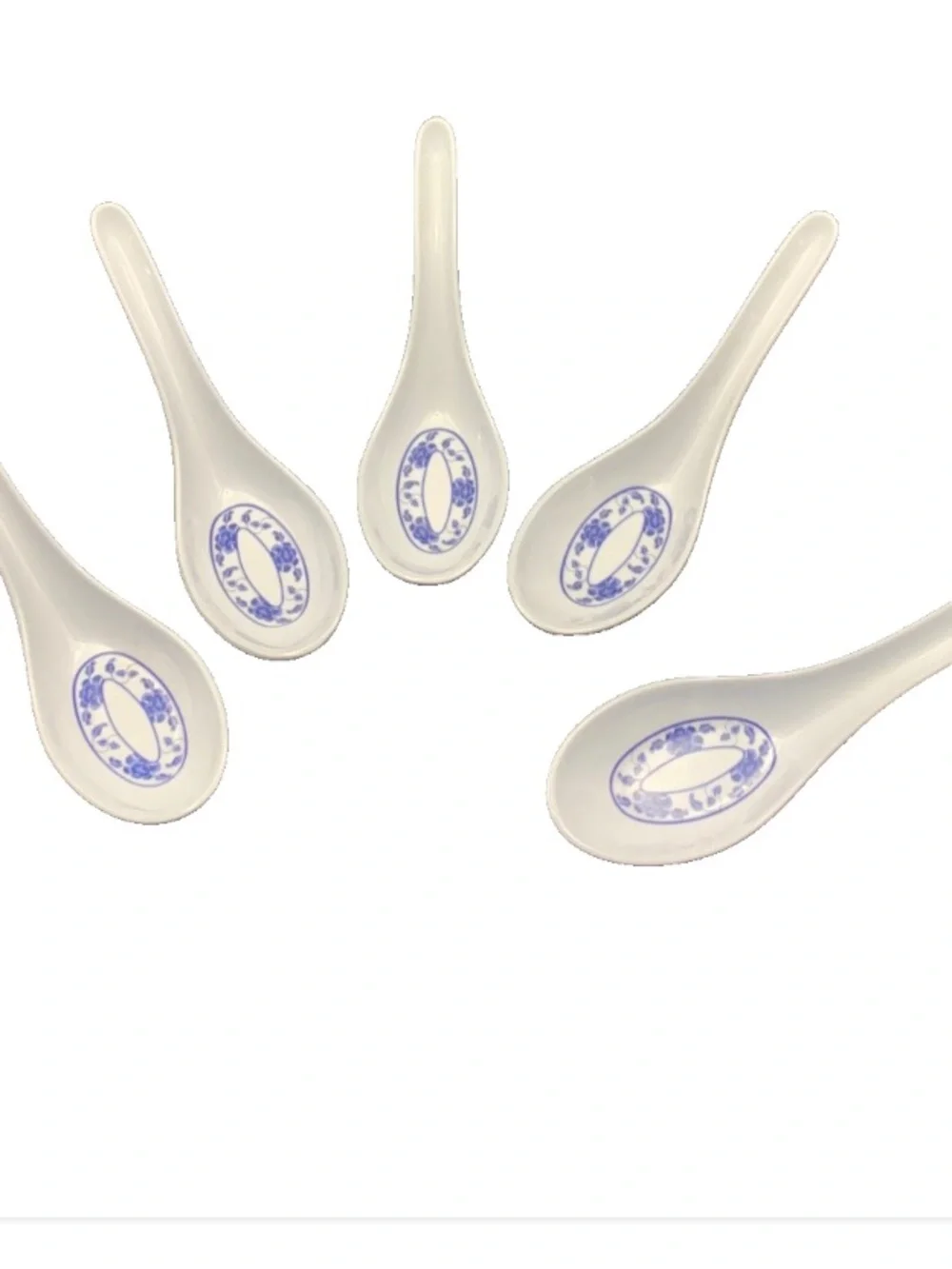 Vintage Japan Chinese Soup Spoons Ladle Blue Lotus Pattern Lot Set of 5 Melamine